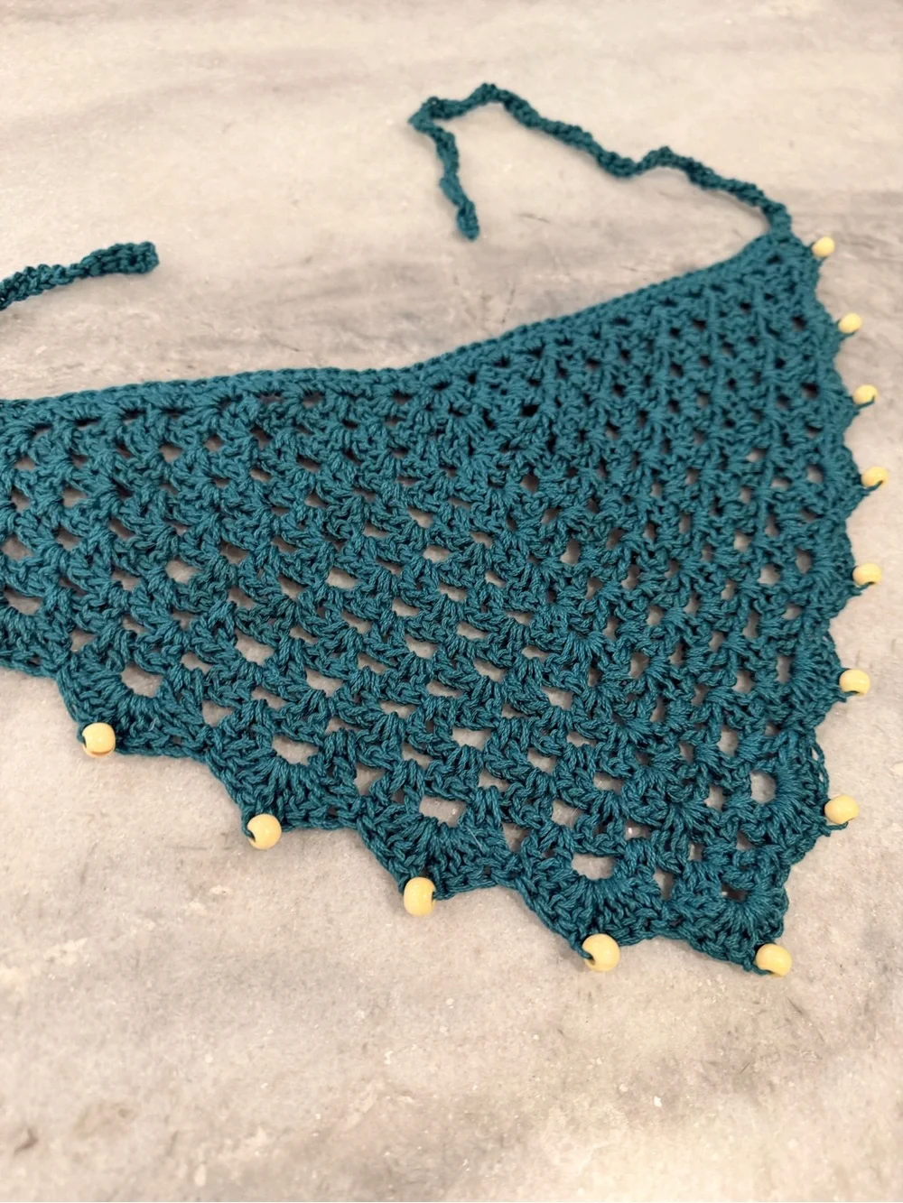 Handmade Crochet Wood Beaded Kerchief Head Scarf Cotton Boho Bandana Cottagecore